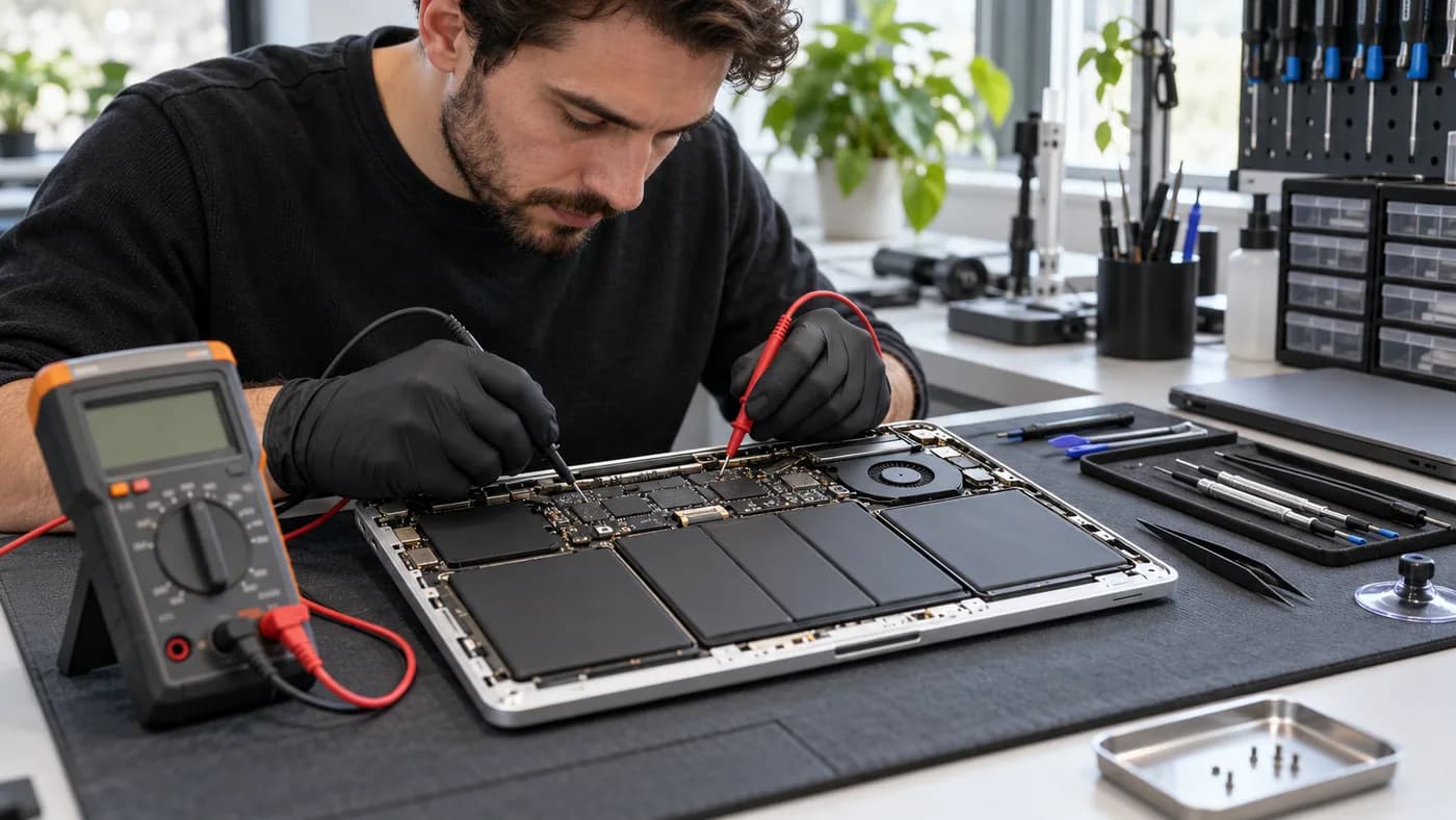MacBook battery being tested during a professional repair