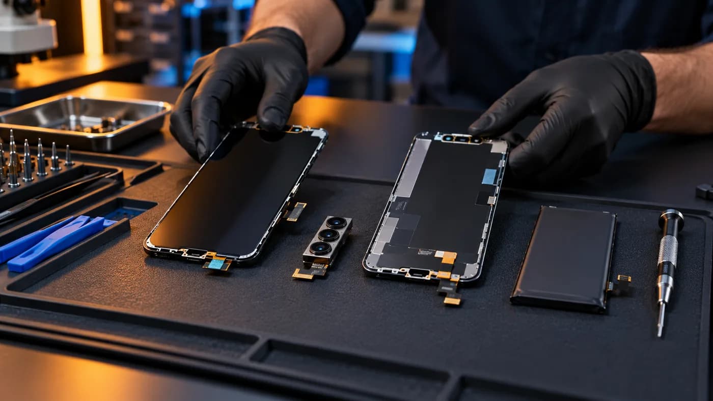 Replacement phone components arranged on a professional repair mat