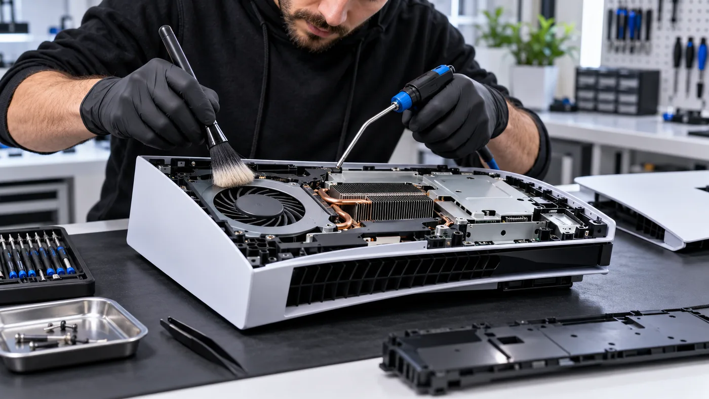 PlayStation 5 console receiving careful maintenance at a repair station