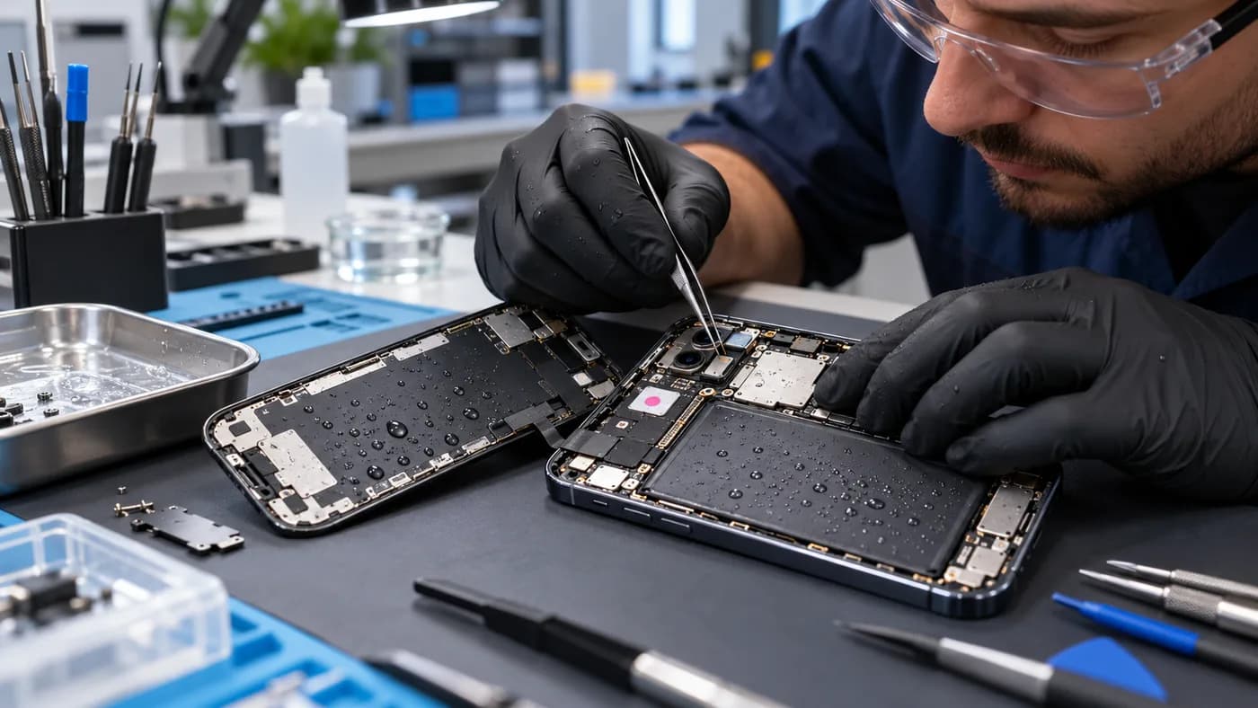 Technician inspecting a water-damaged smartphone at a repair bench