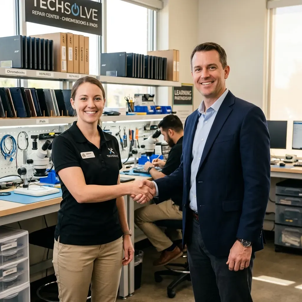 Handshake representing device repair partnerships with Queens businesses