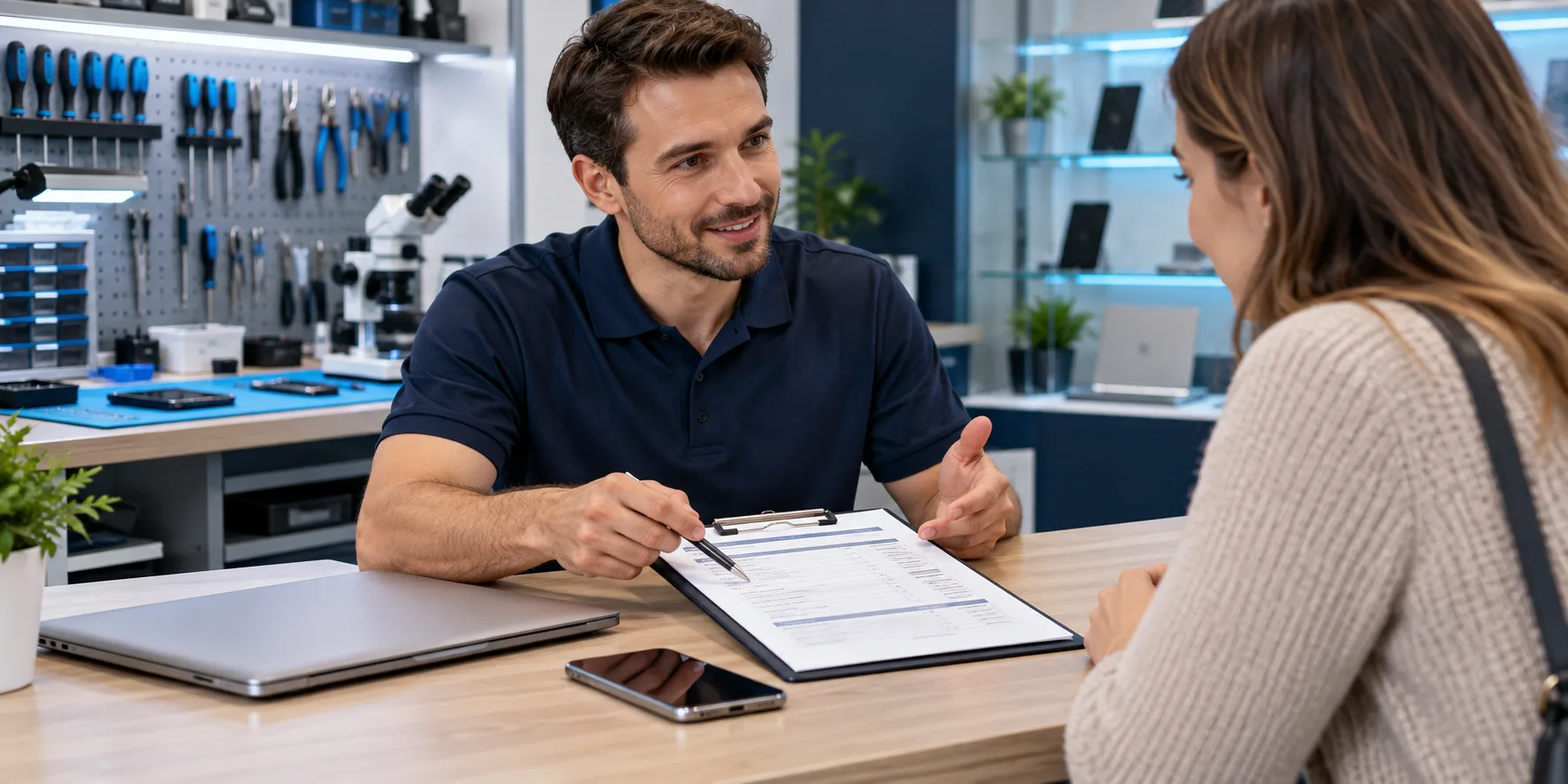 Repair advisor explaining a service agreement to a customer