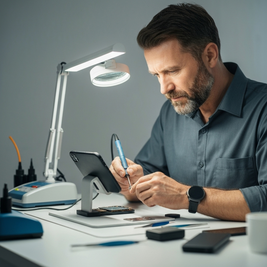 Professional electronics repair technician working on devices at SSN REPAIRS